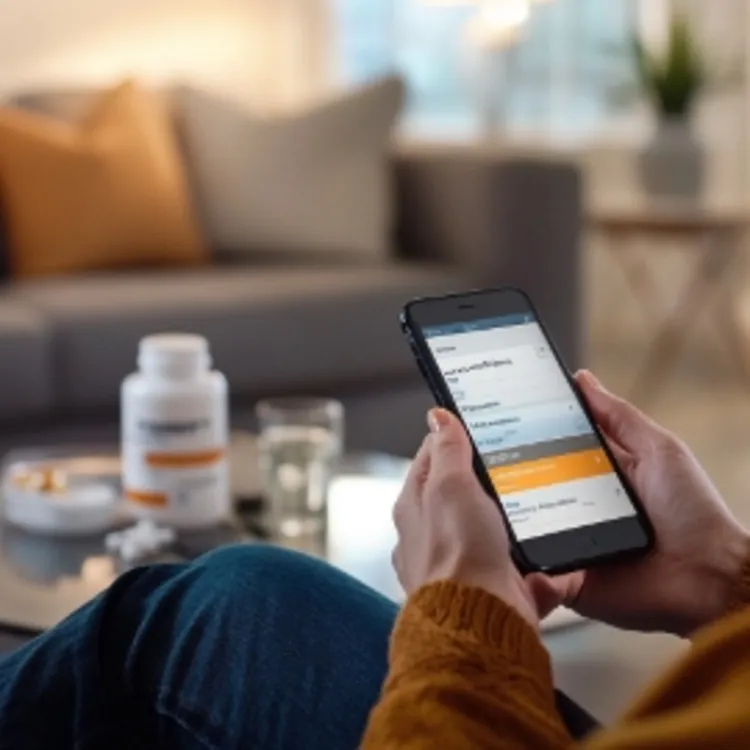 someone holding a cellphone, reading a prescription