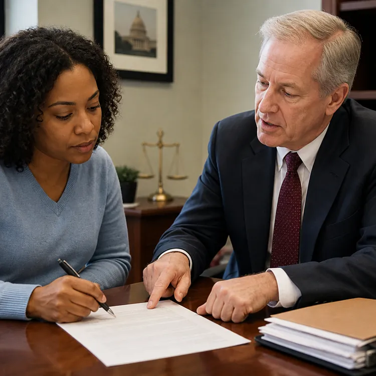 Woman signing a document while a man in a suit explains details in an office setting