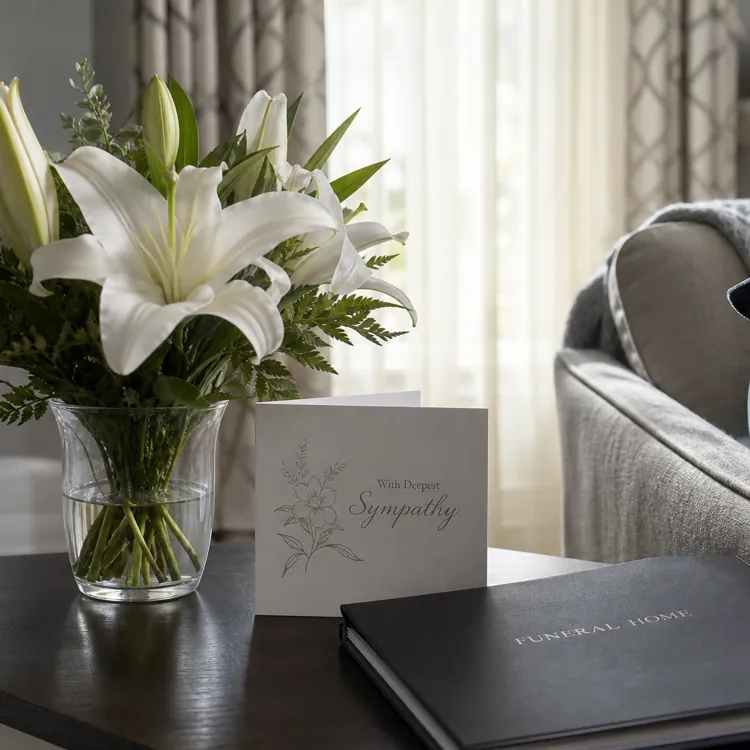 White lilies in a vase, sympathy card, and funeral home book on a table by a sofa