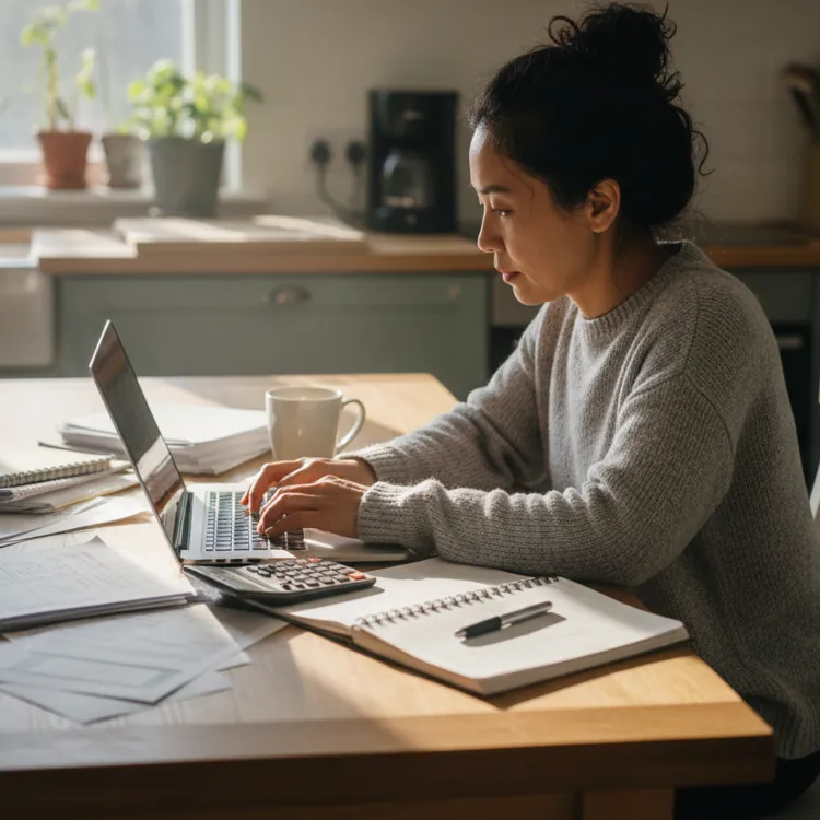 Woman using laptop and calculator at kitchen table with papers and coffee mug