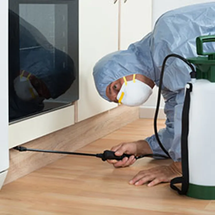 exterminator spraying pesticide on cabinet of kitchen