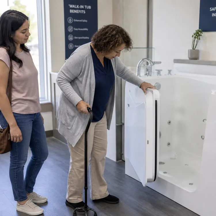 Older woman with cane examining walk-in tub with younger woman in showroom