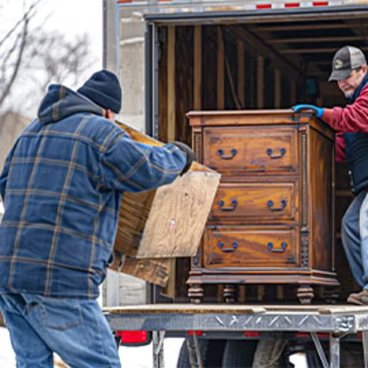 two men loading chest drawers onto a truck
