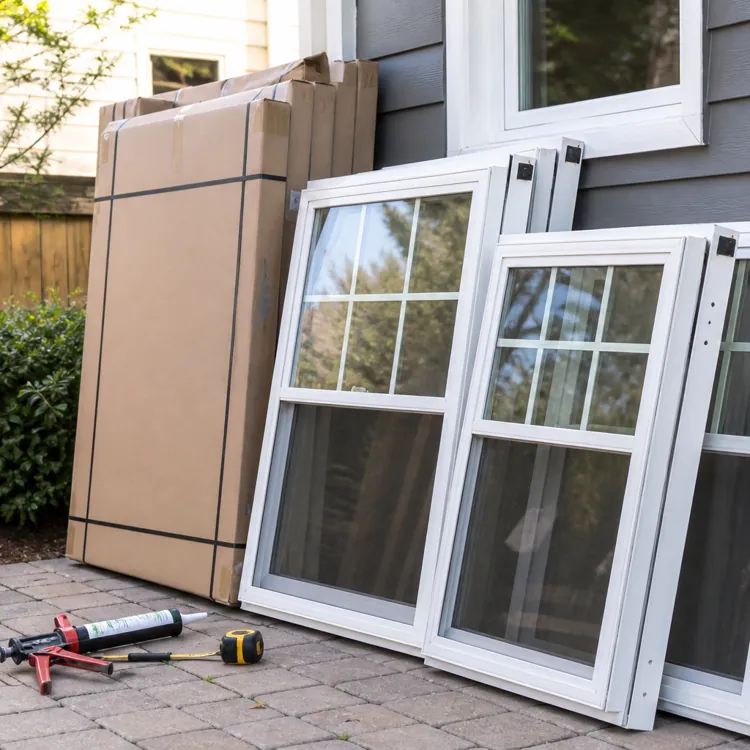 Three replacement windows, a cardboard box, caulking gun, and tape measure on a patio by a house wall