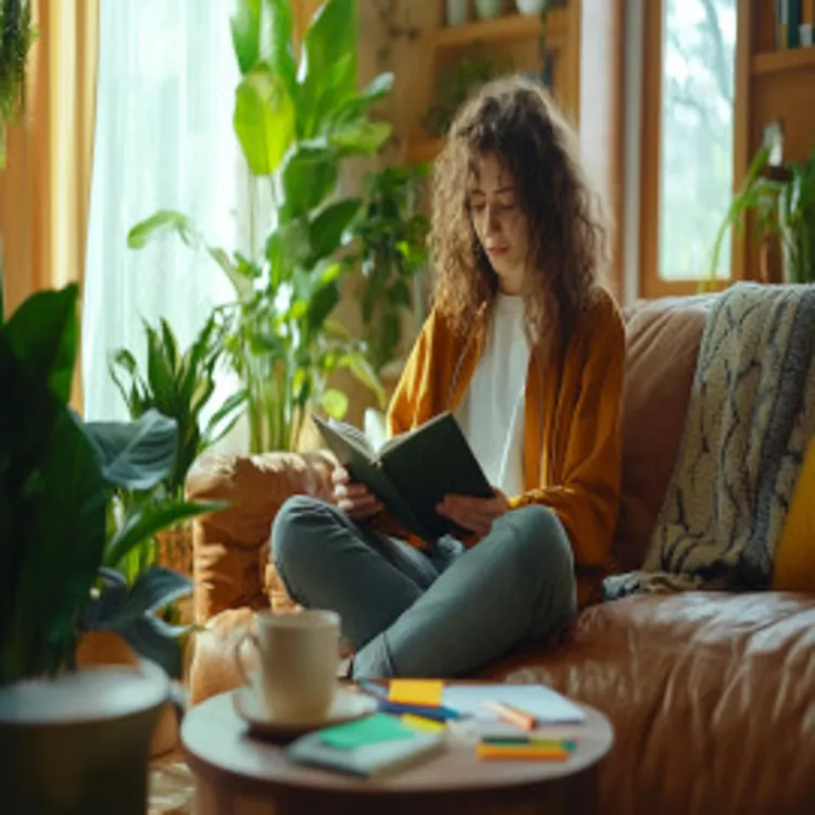 lady sitting on a couch reading a book