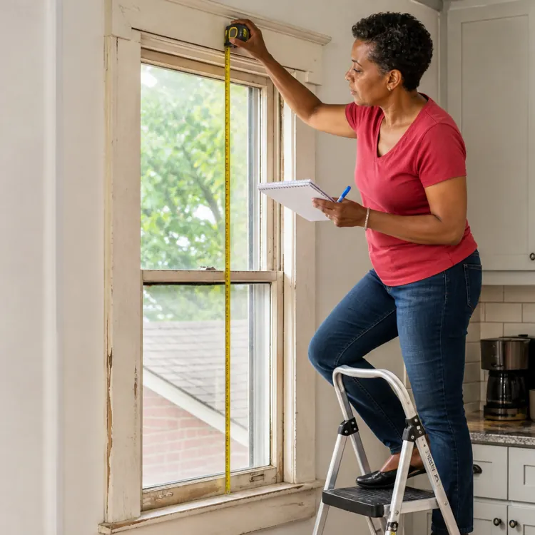 Person standing on a step stool measuring a window with a tape measure in a kitchen