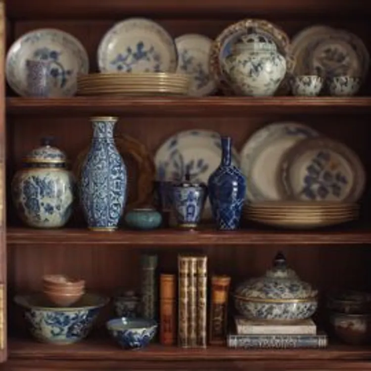 fine china and other decorative dishware displayed on a china cabinet