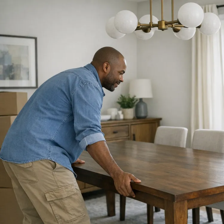 Two people collaborating to move a wooden dining table in a bright, well-lit room with large windows.