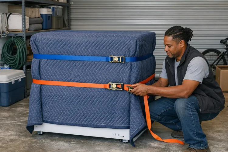 Man securing a large, padded object with blue and orange straps in a garage setting.