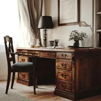 a cozy, elegant study with a vintage wooden desk and chair