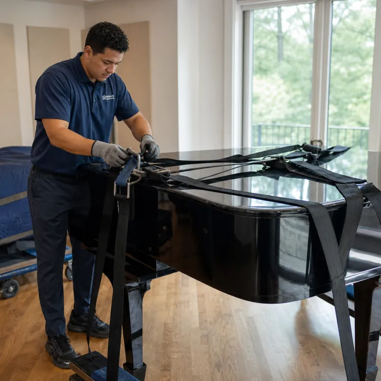 Mover securing a grand piano with straps in a bright room with wood floors