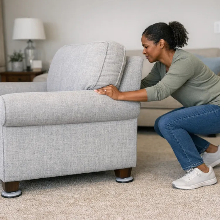 Person in casual attire adjusting a gray armchair in a carpeted living room with a bookshelf and lamp in the background.