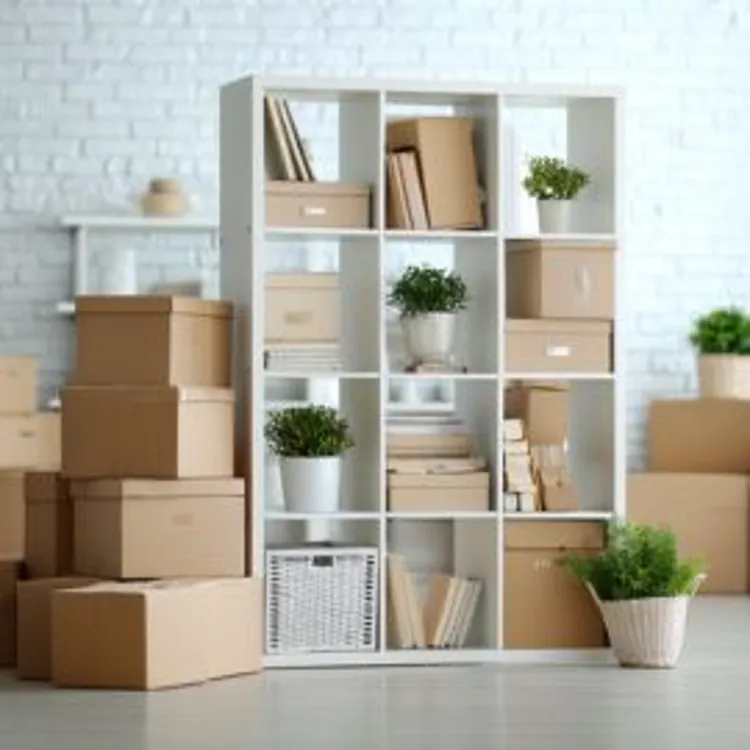 a white multi-tier shelf and a stack of boxes