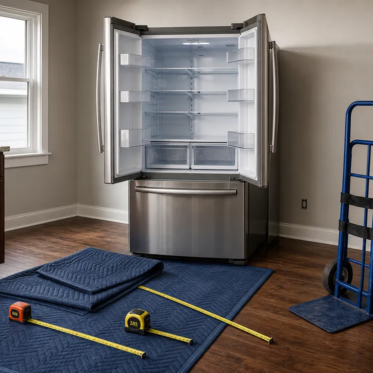 Open stainless steel refrigerator in kitchen with moving pads, tape measures, and a dolly nearby