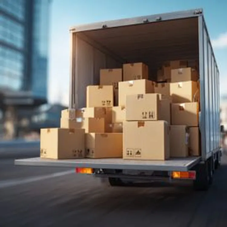 the back of a large delivery truck with its rear door open showing cardboard boxes stacked neatly inside