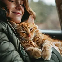 woman hugging a pet ginger cat