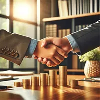 handshake over various heights of stacks of coins on the table