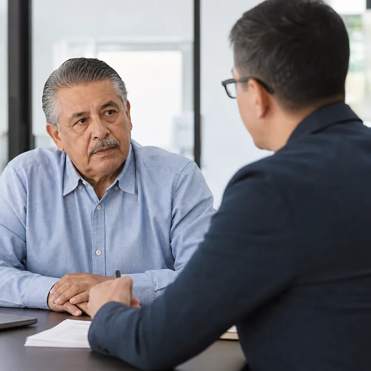 Older man in blue shirt listens to another man in an office during a serious discussion