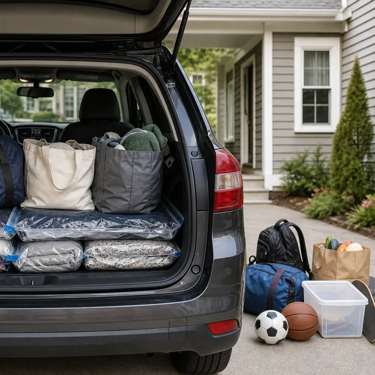 SUV trunk packed with bags, bedding, and supplies in a driveway