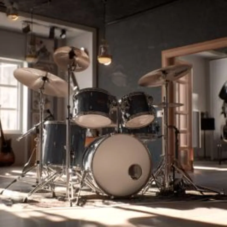 a drum set along with other instruments