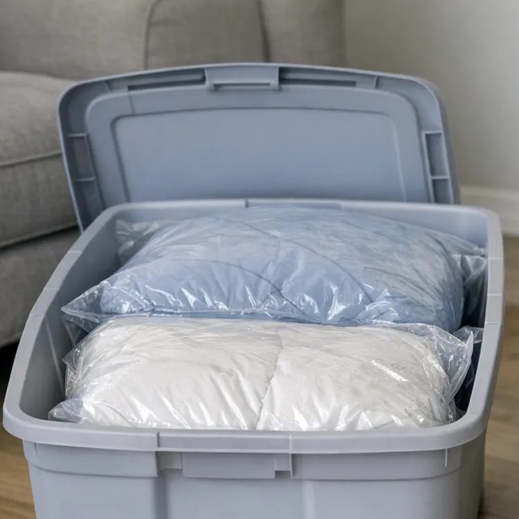 Plastic storage bin and cardboard box filled with neatly packed bedding on a wooden floor.