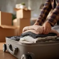 a person packing clothes with moving boxes in the background