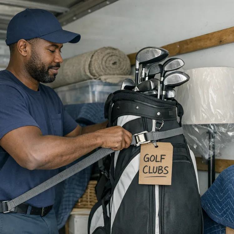Man in a blue shirt and cap securing a golf bag with clubs inside a storage area with boxes and a lamp.