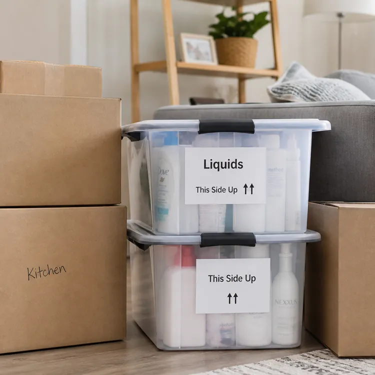 Stacked cardboard boxes and clear plastic bins labeled for moving in a living room next to a gray sofa