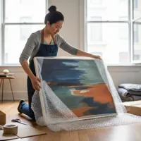 Woman kneeling on the floor in a well-lit room, carefully unpacking a framed abstract painting wrapped in bubble wrap.