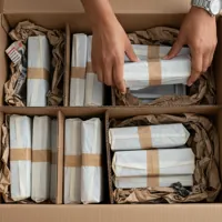 Hands packing wrapped items into a cardboard box with packing materials on a wooden floor.