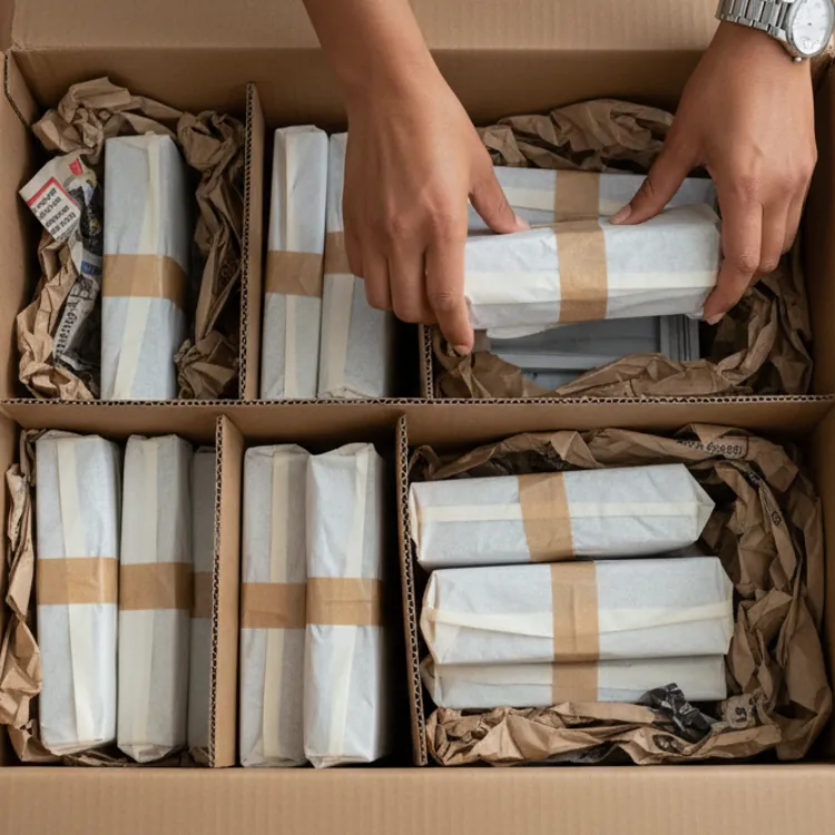 Hands packing wrapped items into a cardboard box with packing materials on a wooden floor.