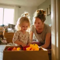 mother and her daughter packing toys