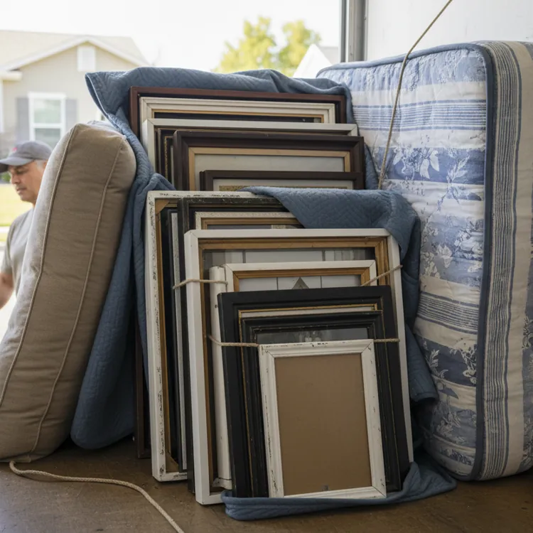 A couple stands outside a moving truck filled with mattresses and picture frames.