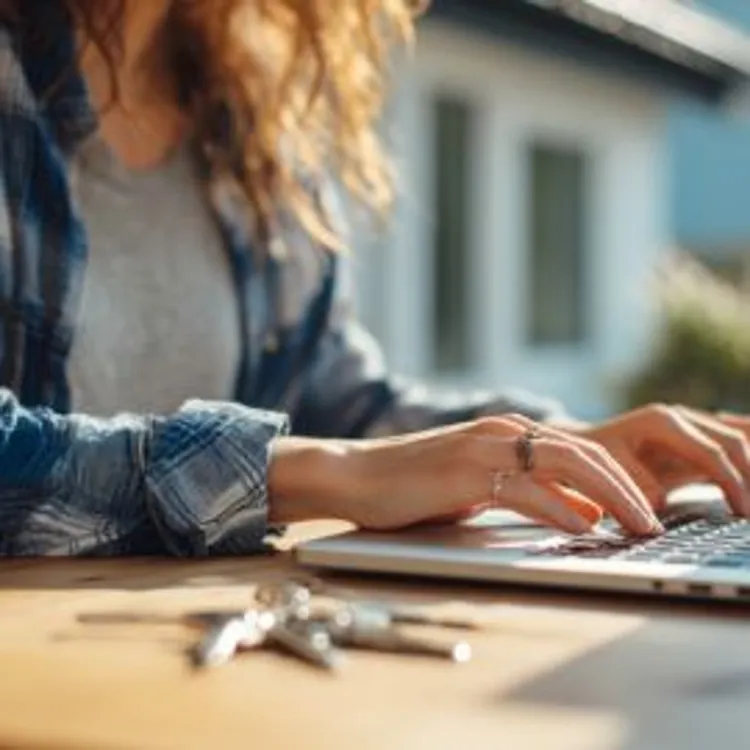 woman in plaid shirt typing on a laptop with a set of keys on a wooden table