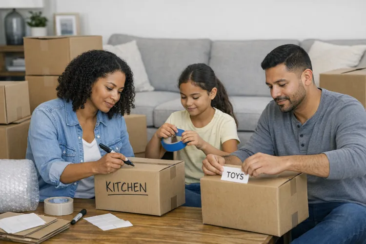 Family packing boxes in a living room, labeling them with kitchen and toys.