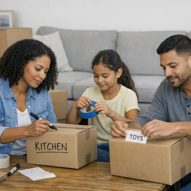 Family packing boxes in a living room, labeling them with kitchen and toys.