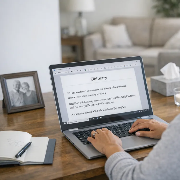 Woman sitting at a desk writing an obituary on a laptop with a candle and photo frame nearby.