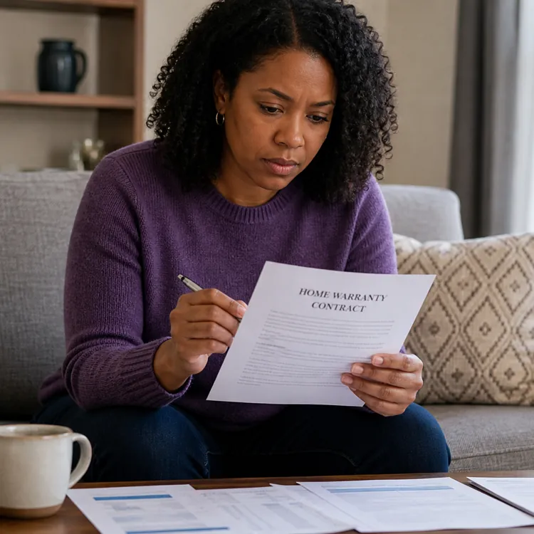 Woman reading a home warranty contract while sitting on a sofa with documents on a coffee table