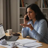 Woman in a blue shirt sitting at a desk with a laptop and paperwork, holding a phone to her ear and looking frustrated.