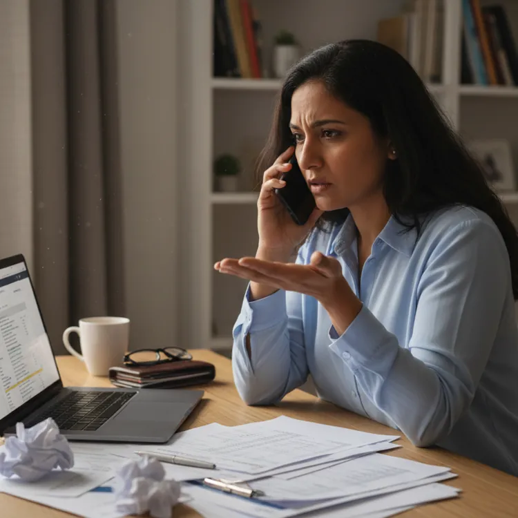 Woman in a blue shirt sitting at a desk with a laptop and paperwork, holding a phone to her ear and looking frustrated.