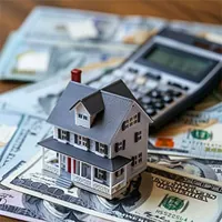 small model house and calculator sitting on top of a pile of money