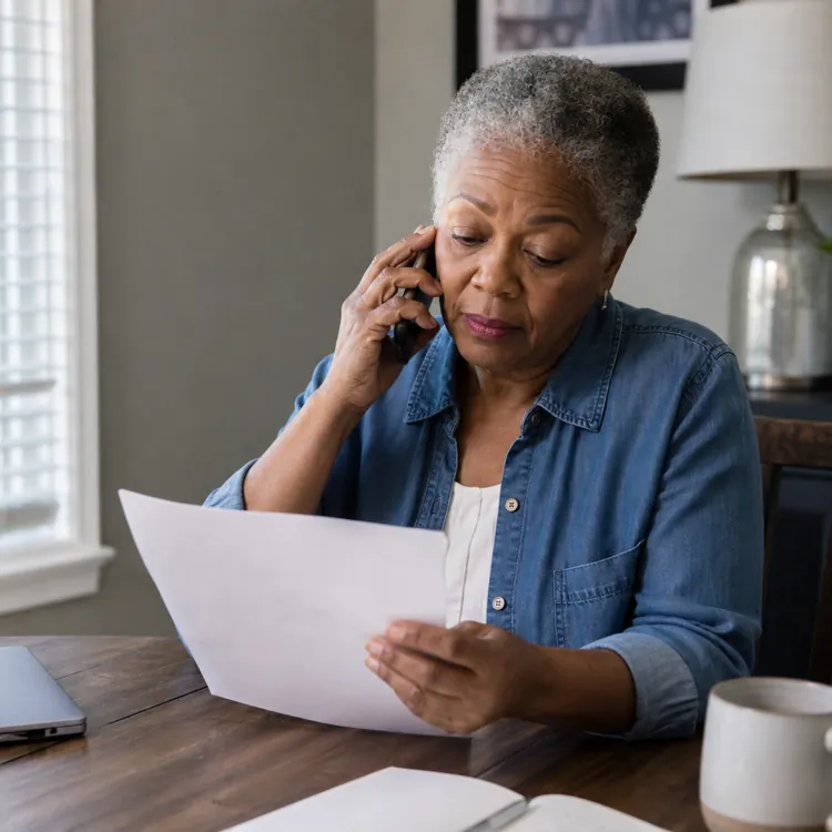 Older woman on phone reviewing a document at a wooden table near a window