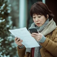 a woman holding a mobile phone in one hand and a document in another