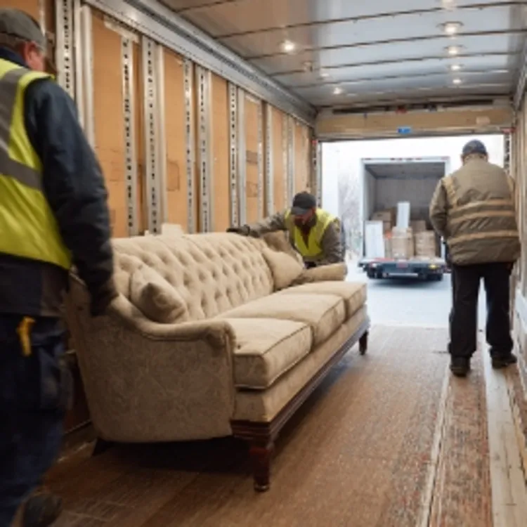 movers moving a couch on a truck