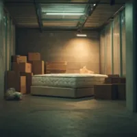 a mattress and several stacked boxes inside a storage unit