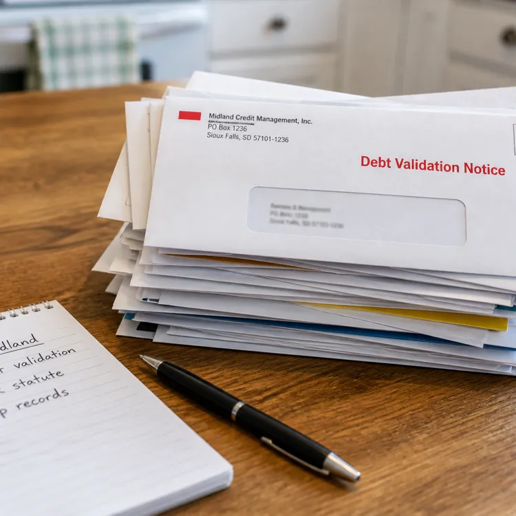 Stack of debt validation notice envelopes and a notepad with a pen on a wooden table
