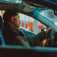 man sitting behind the wheel of a car