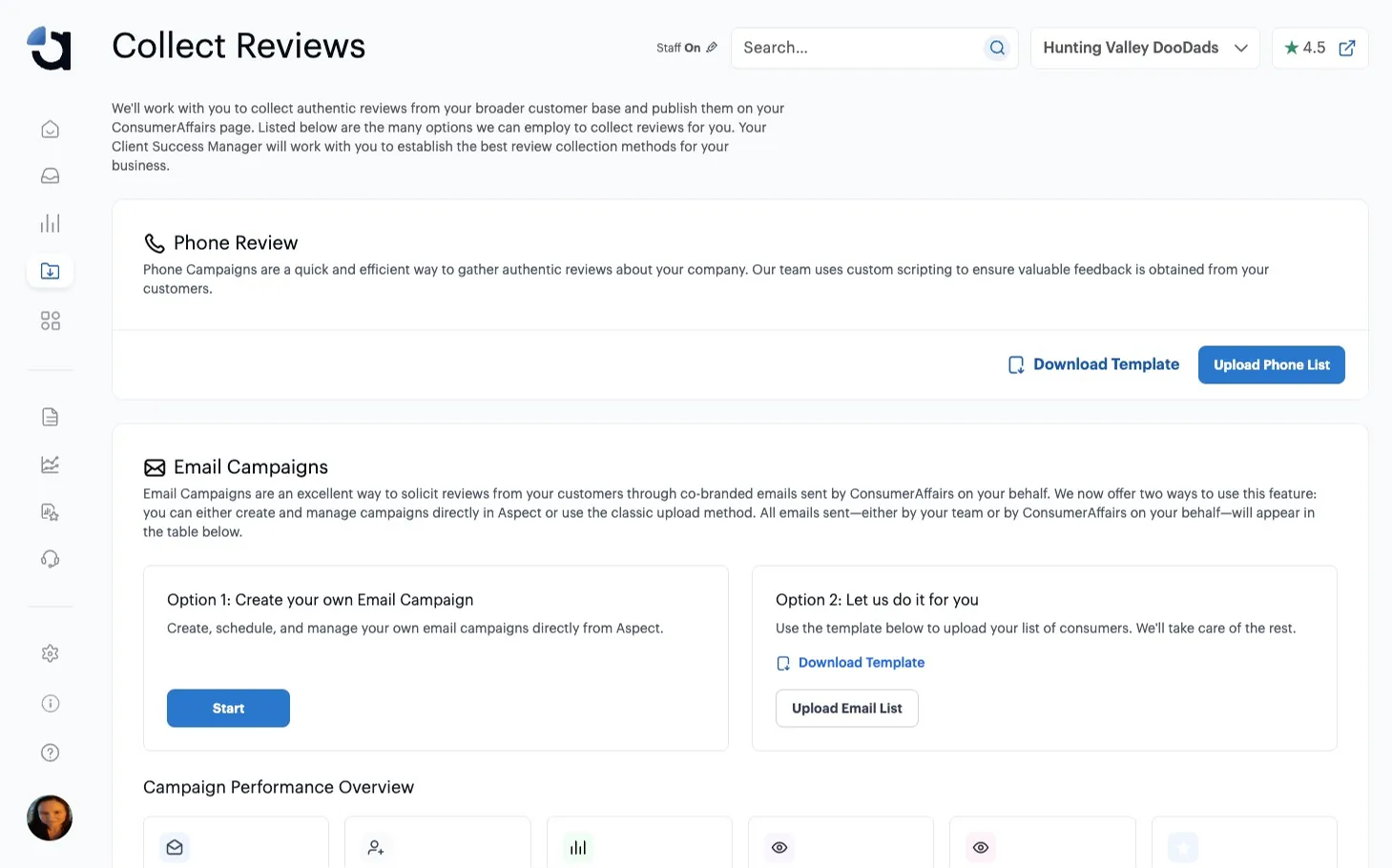 The Collect Reviews page in Aspect, with the Download Template and Upload Phone List buttons under Phone Review