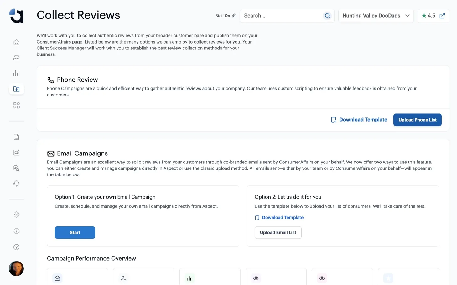 The Collect Reviews page, with the Upload Phone List button highlighted