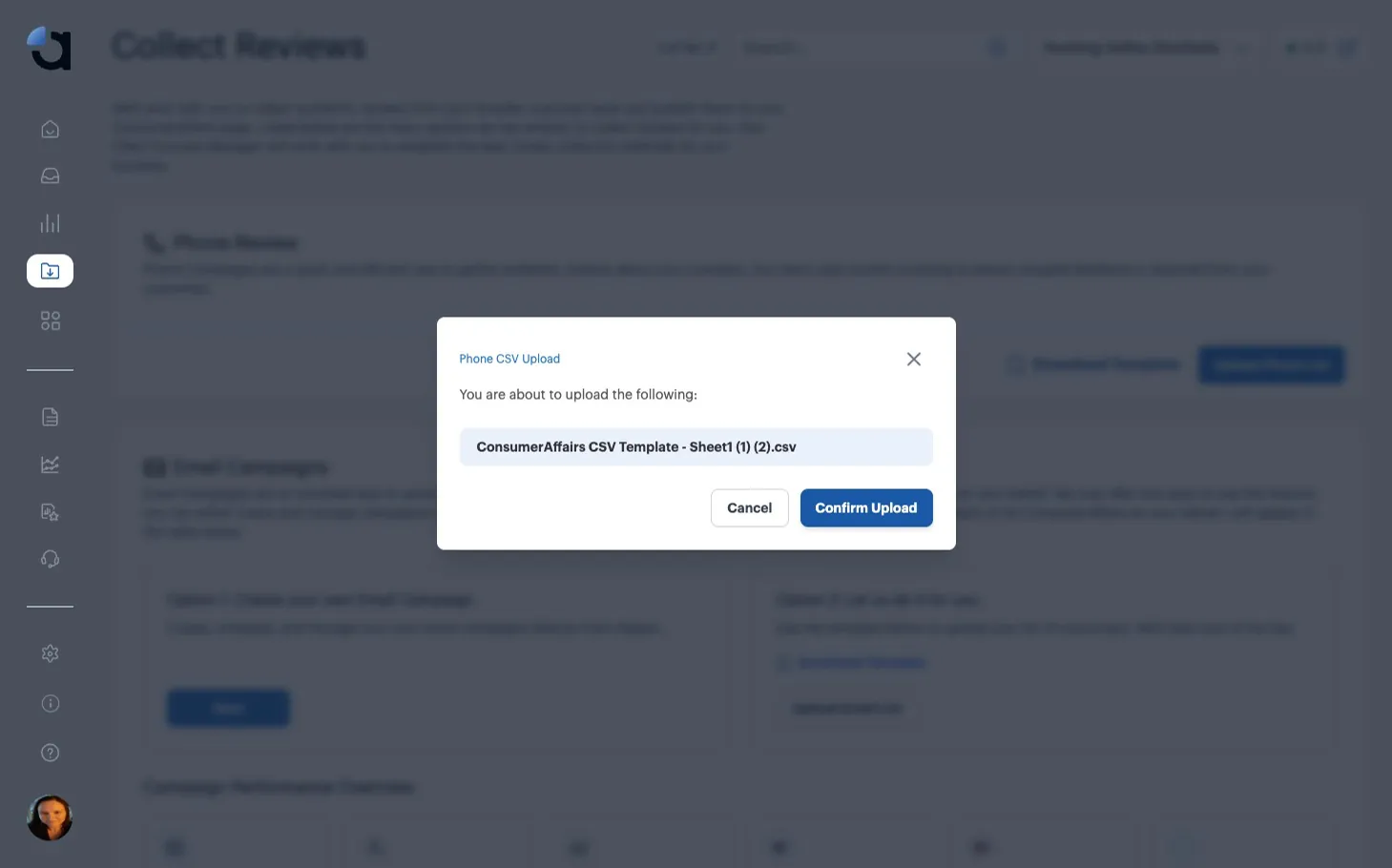 The confirmation dialog naming the CSV file about to be uploaded, with the Confirm Upload button